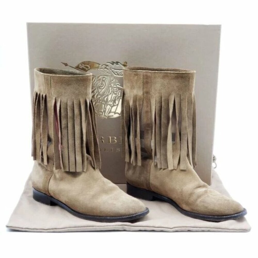 Burberry Light Brown Suede Norland Fringed Boots 260-082925 - Picture 1 of 12